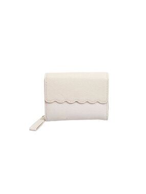 Beige Scalloped Edge Compact Vegan Faux Leather Wallet With Zipper & Snap Closur